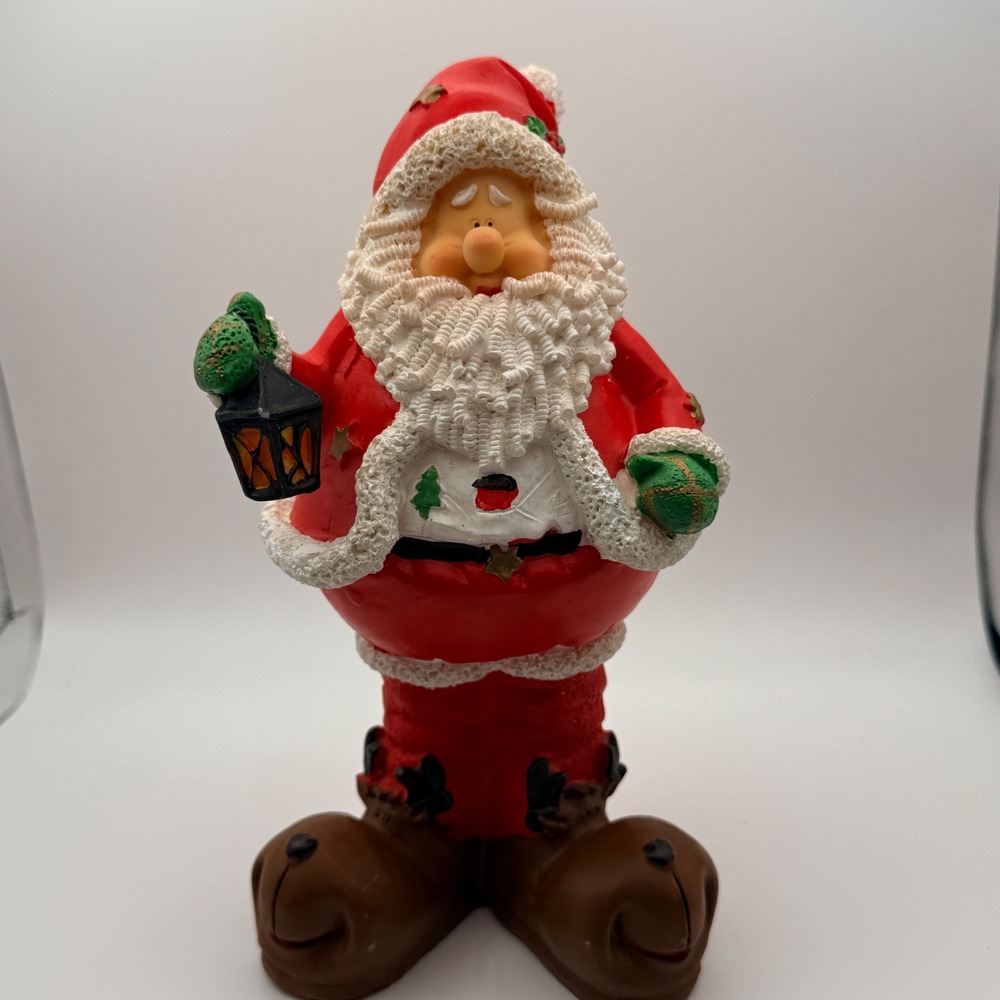 Vintage Style Santa Claus Figurine with Lantern and Reindeer Boots 8.5 Inch